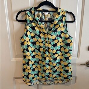 Crown and Ivy Pineapple Print Sleeveless Top blouse- Navy, Yellow and green